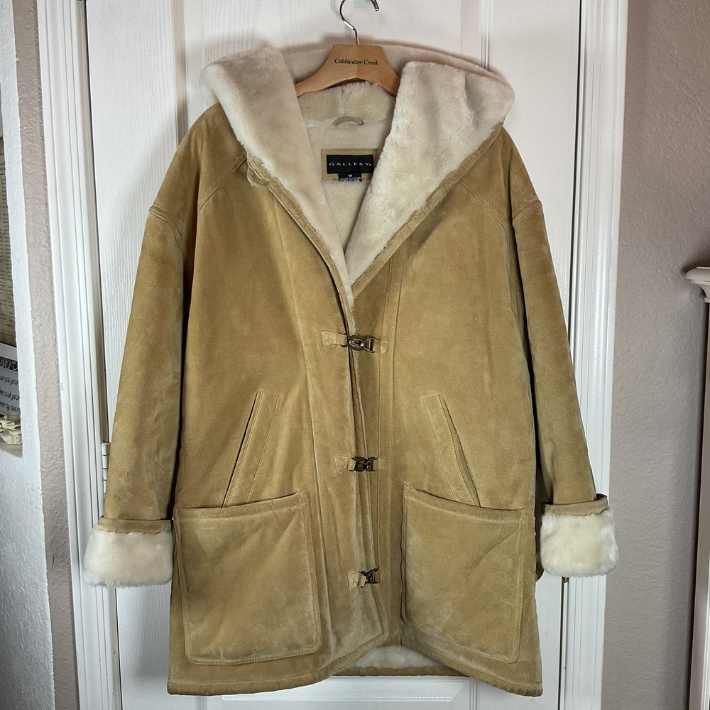 Gallery Women's Suede Leather Hooded Coat Medium Beige Sherpa/Fleece Like Lined